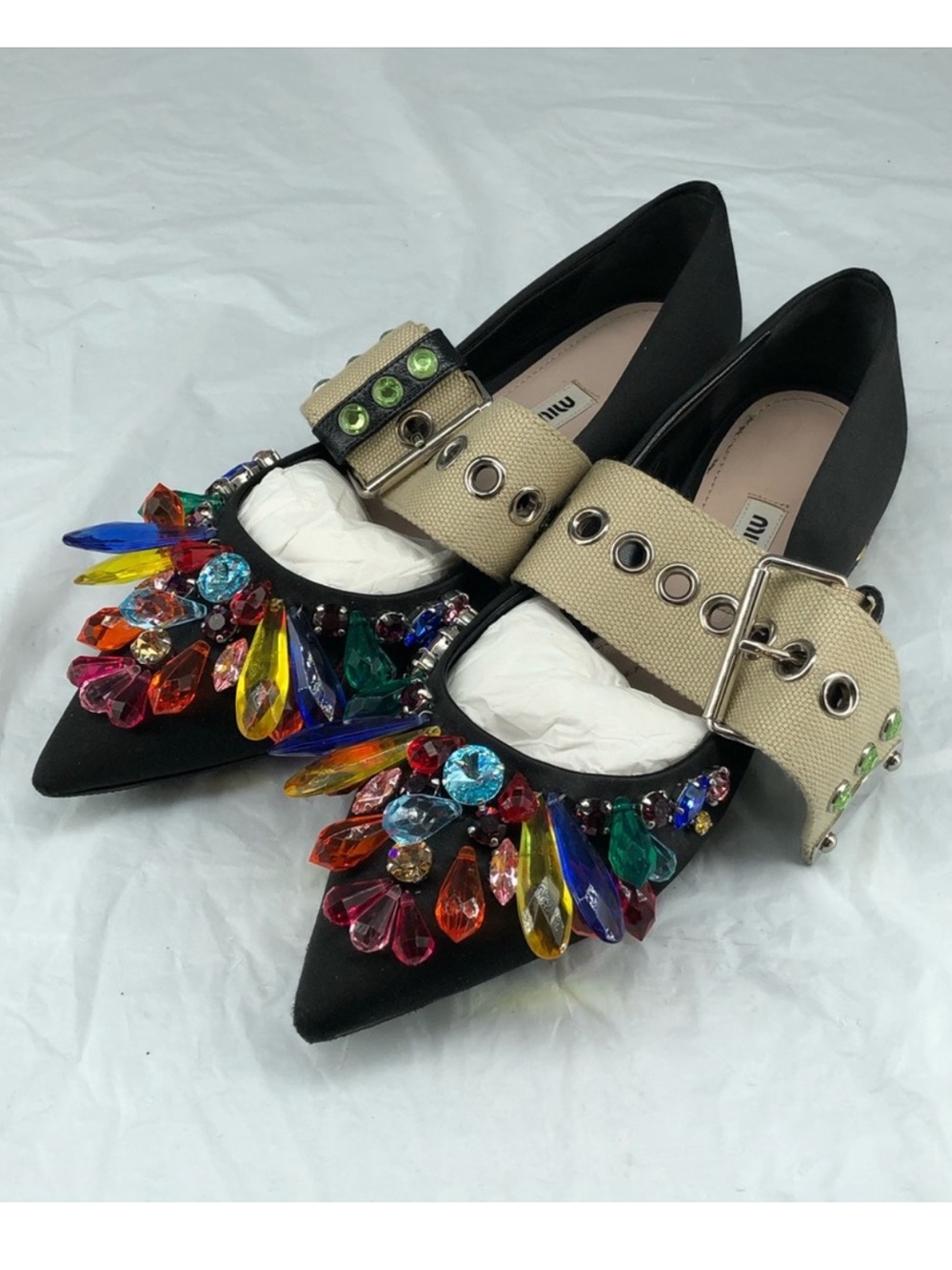 Authentic Miu Miu Black Pointed Crystal Embellished Flats in size 35